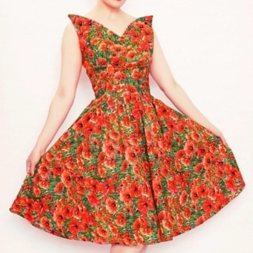 Small Poppy Print Midi Knee Length Dress Red Orange